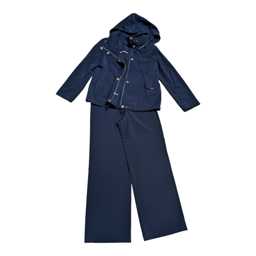 St John navy leisure suit set wide leg pants hooded casual jacket EUC Size Small